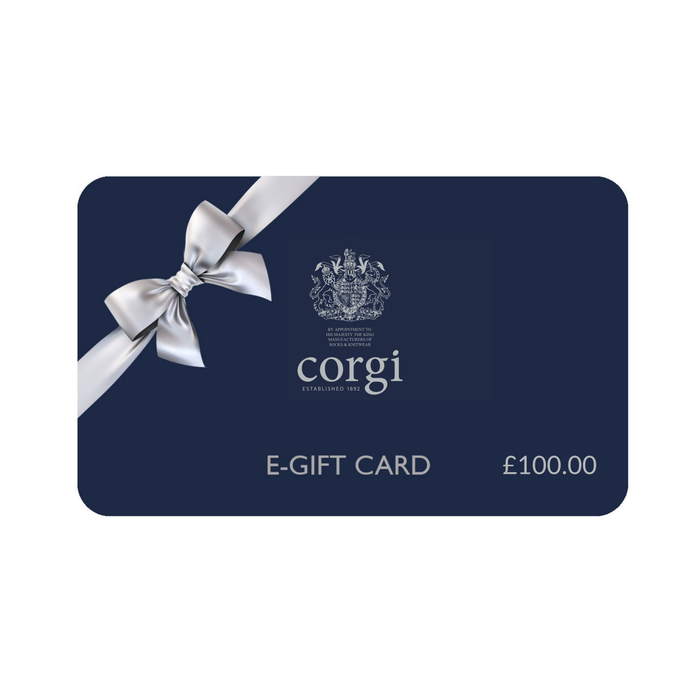 Corgi e-gift card with a blue background and white bow on a white background