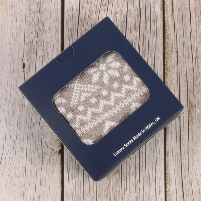 Women's Cashmere & Cotton Fair Isle Socks in a gift box.