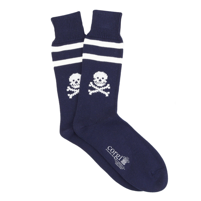 Navy blue socks with skull and crossbones design on a white background