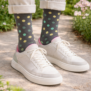 man wearing polka dot cotton socks in charcoal on a garden path