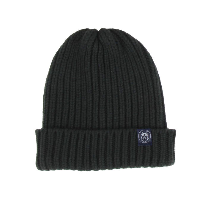 Black knit beanie with a logo on a white background
