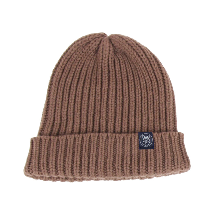 Brown knit beanie with a logo tag on a white background