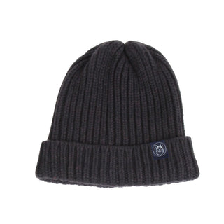 Dark gray knit beanie with a logo on a white background
