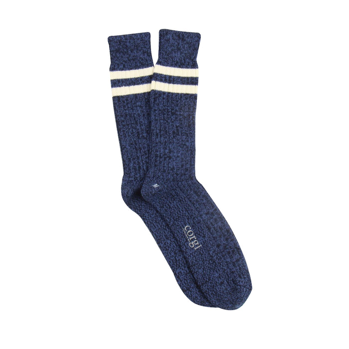 Blue sock with a white stripe on a white background