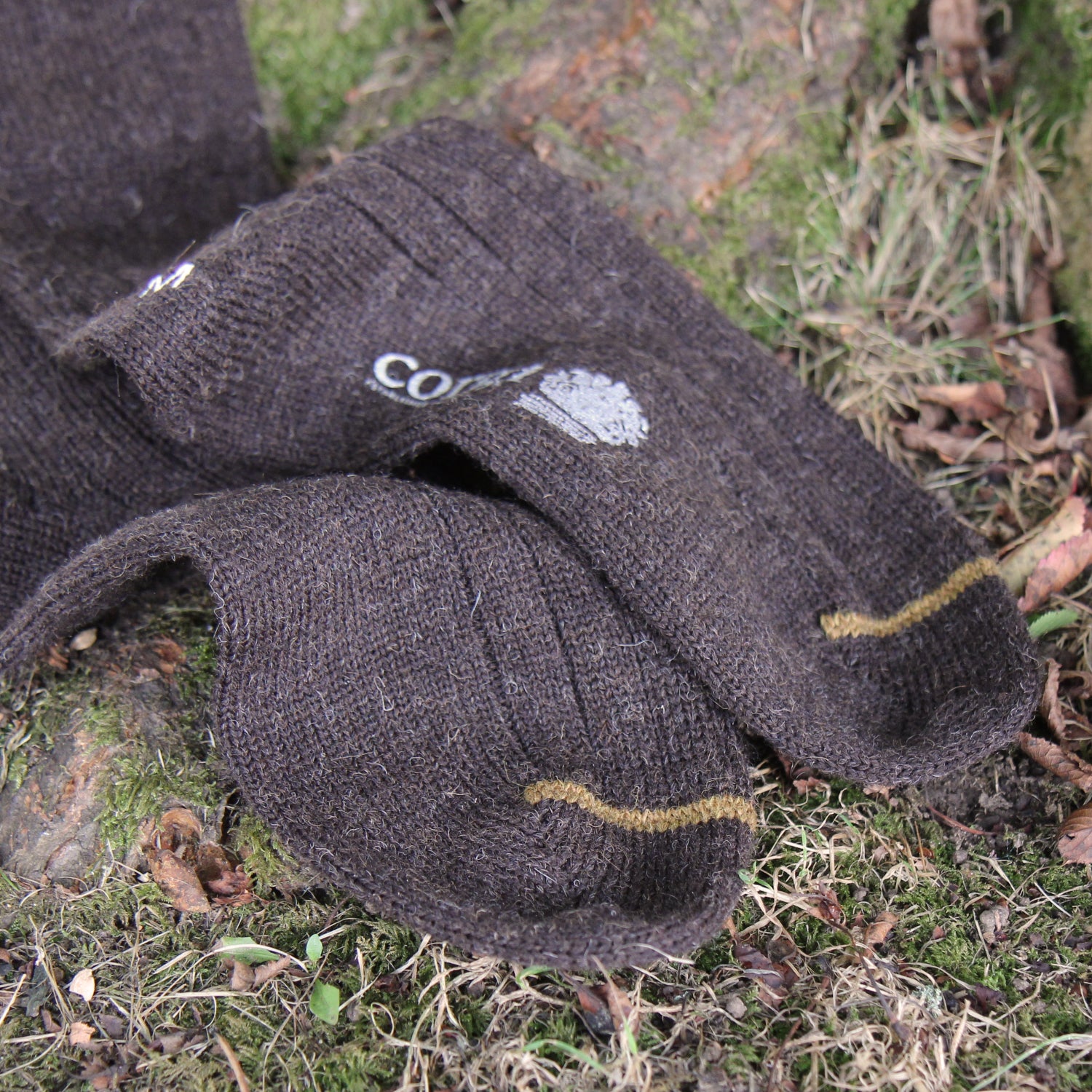 A pair of dark brown knit socks with a white embroidered Corgi logo and a gold stripe near the toe, resting on mossy ground outdoors.