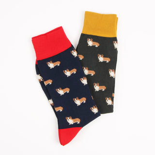 Two pairs of socks with dog pattern photographed on a white background