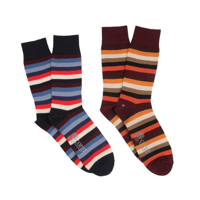 Two pairs of striped socks photographed on a white background