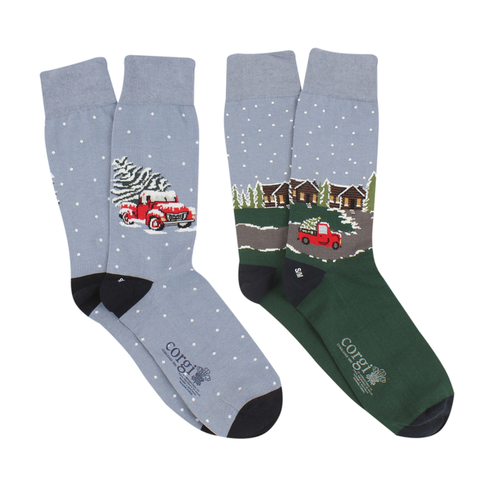 A Men's 2-Pair Christmas Truck Gift Box with a Christmas tree and truck design.