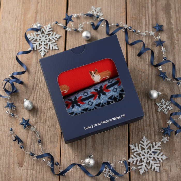 Box of luxury socks with a corgi design, made in Wales, UK.