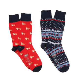 Two pairs of socks, one red with dog pattern and one blue with festive design, on a white background.