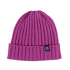 Purple knit beanie with a brand logo on a white background