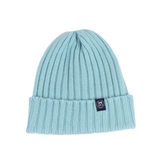 Light blue beanie with a brand logo on a white background