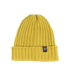 Yellow beanie with a brand logo on a white background