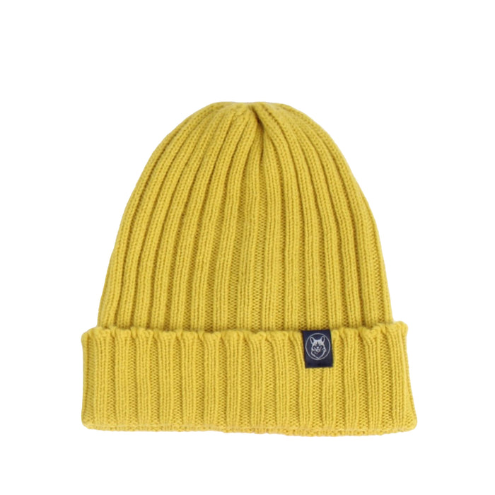 Yellow beanie with a brand logo on a white background