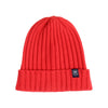 Red knit beanie with a brand logo on a white background