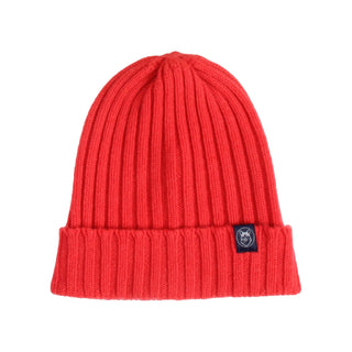 Red knit beanie with a brand logo on a white background