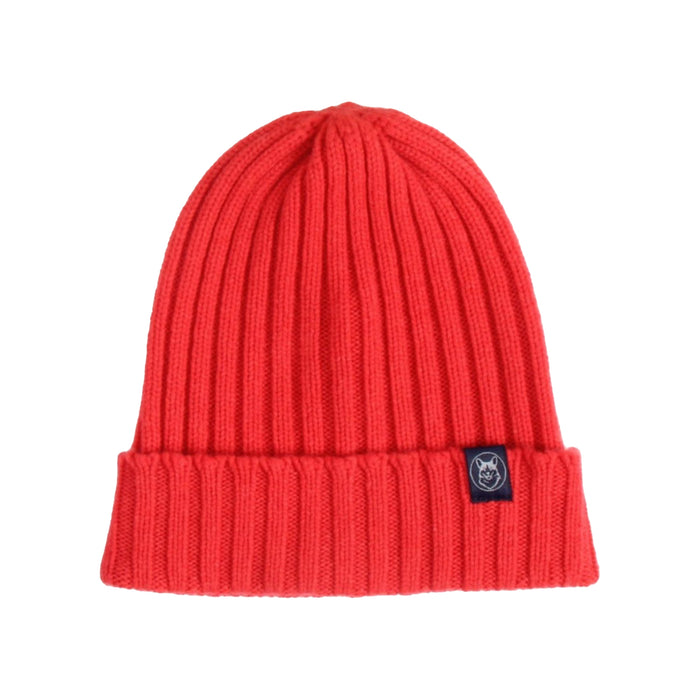 Red knit beanie with a brand logo on a white background