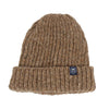 Brown knit beanie with a logo tag on a white background