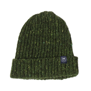 Green knit beanie with a logo on a white background