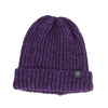 Purple knit beanie with a logo on a white background