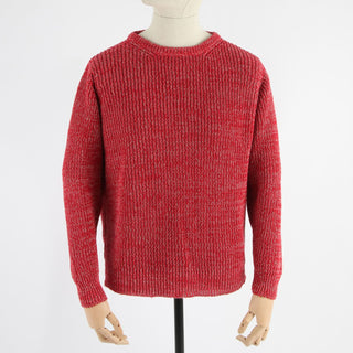 A red, crew neck, long-sleeved linen sweater displayed on a mannequin against a white background.