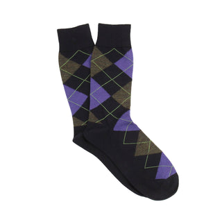 Navy sock with purple and green diamond pattern on a white background