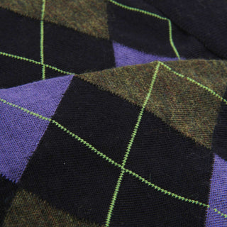 Close-up of a patterned fabric with triangles in purple, green, and navy.
