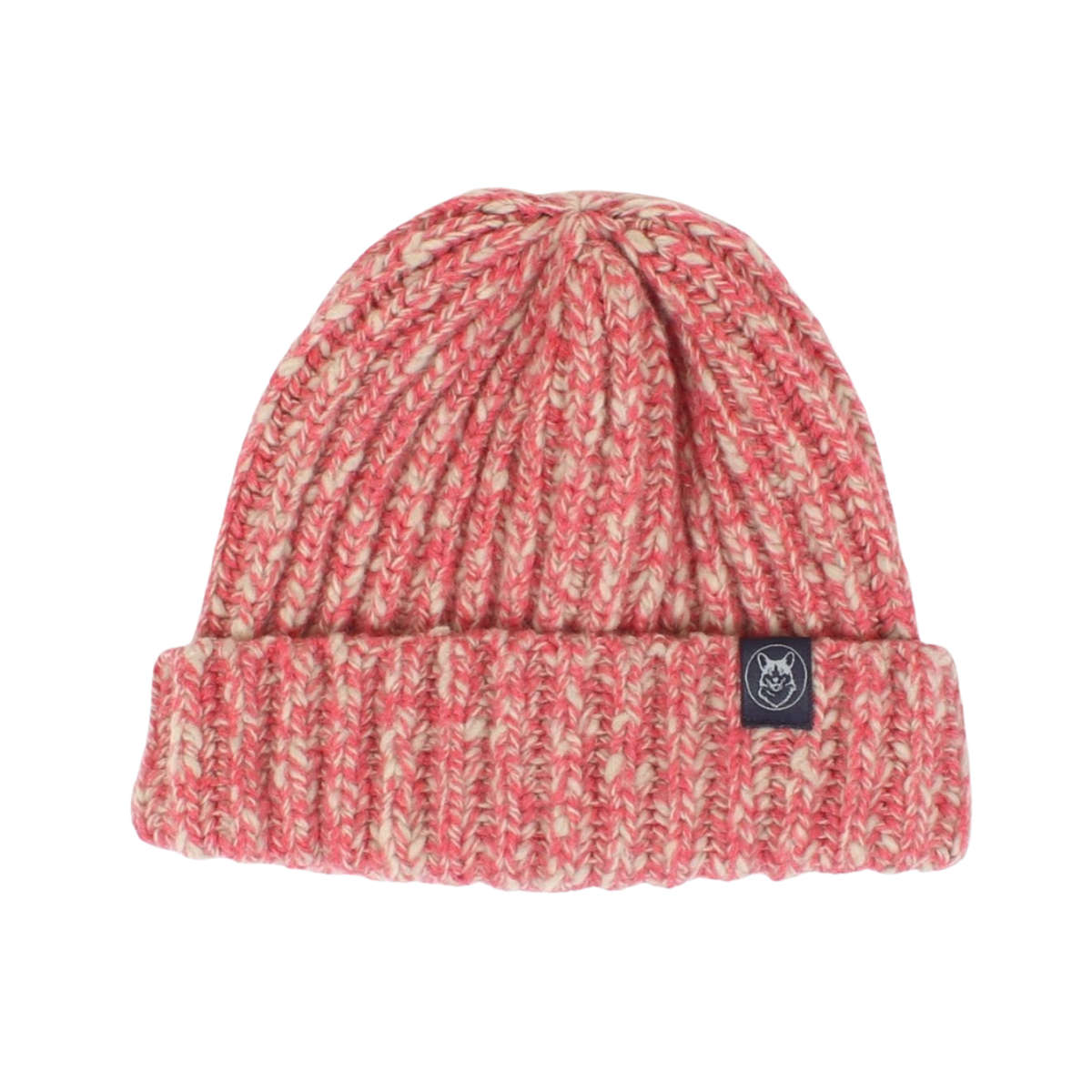 A marled knit beanie hat in pink and cream, featuring a folded cuff and a small black brand patch on the side.