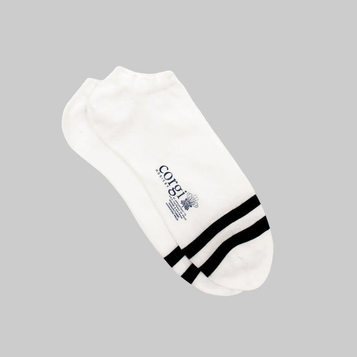 A pair of white trainer socks with black stripes on the toe.