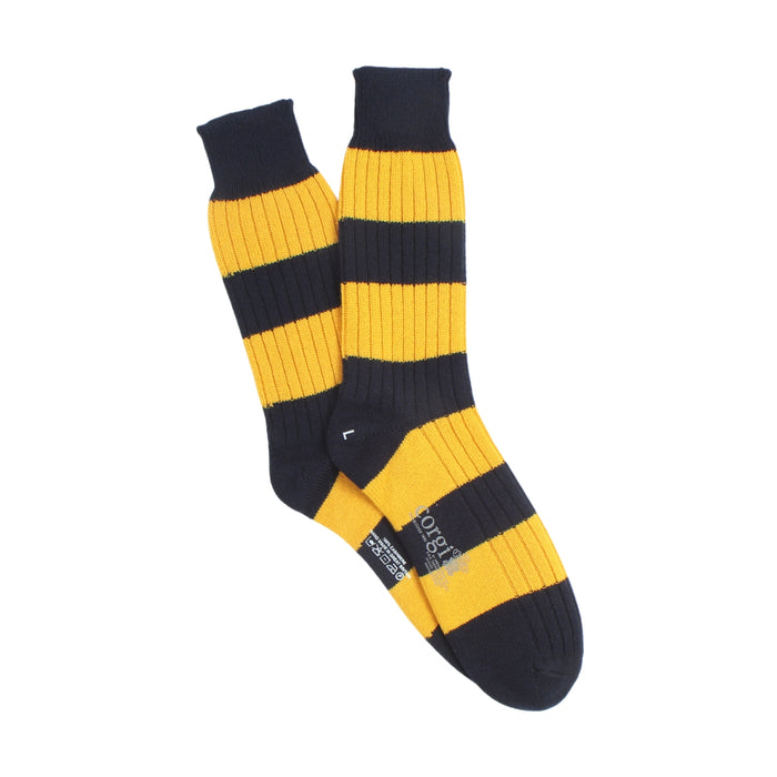 A pair of men's cashmere stripe socks with navy and gold colors, mid-calf length, displayed against a white background.