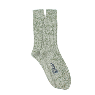 A pair of green marl wool and cotton socks with a ribbed design, showing the heel and toe areas.