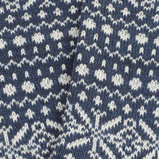 Close-up of a blue and white knitted fabric with a pattern