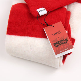 Red and white striped fabric with a 'Corgi Wrexham' tag on a light background