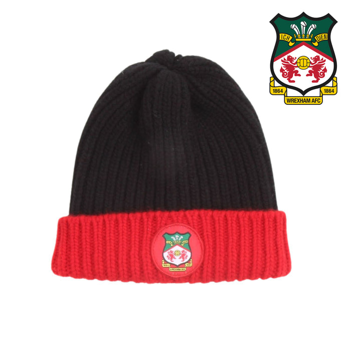 Black and red beanie with a logo on a white background