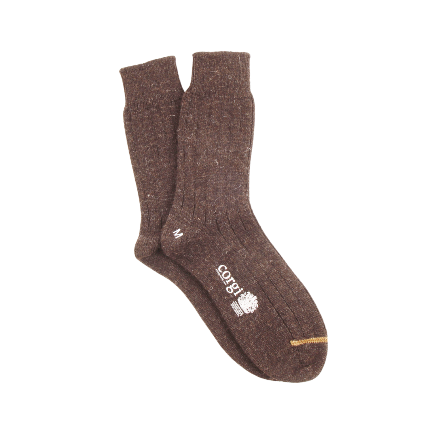 A pair of dark brown ribbed wool socks with a white printed logo and a small orange accent on the toe, displayed against a solid white background.