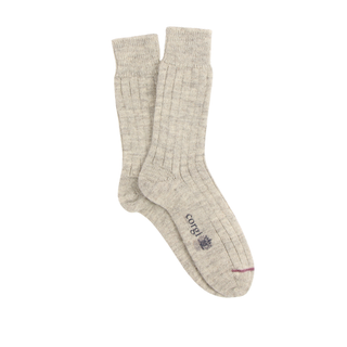 Pair of silver socks with a brand logo on a white background