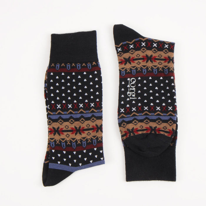 Pair of patterned socks on a white background