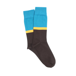 Color-blocked sock with blue, yellow, and brown sections on a white background