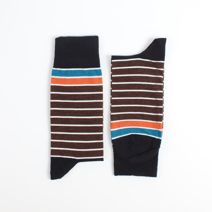 Pair of striped socks with navy, brown, orange, and blue colours on a white background