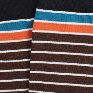 Close-up of striped fabric with blue, orange, and brown colors.