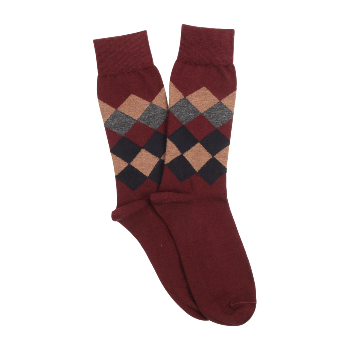 Pair of maroon diamond pattern socks on a white background