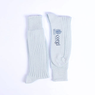 Pair of light blue socks with 'corgi' branding on a white background
