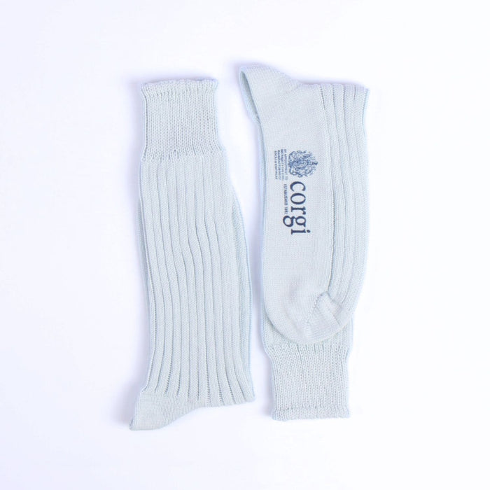 Pair of light blue socks with 'corgi' branding on a white background
