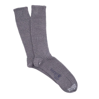 Pair of gray socks with a brand logo on a white background