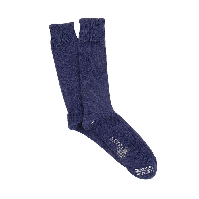 Pair of navy blue marl socks on a white background