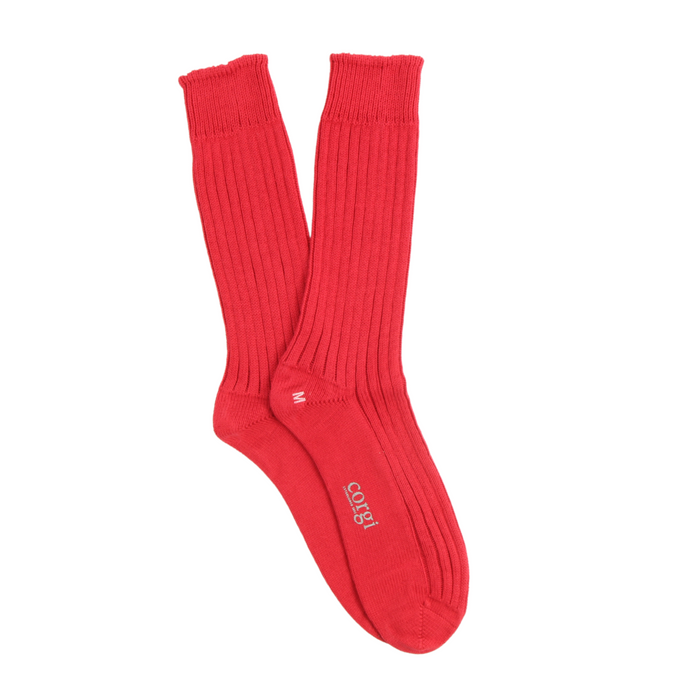 red pure cotton boots socks laid flat on a white background