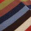 Close-up of a multicolored striped fabric with red, green, brown, blue, and beige stripes.