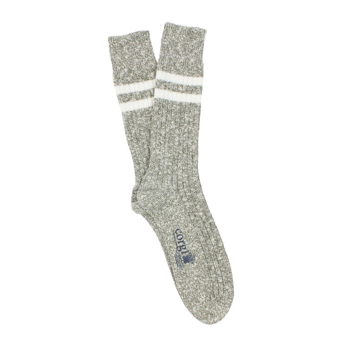 A pair of striped men's boot socks in green marl.