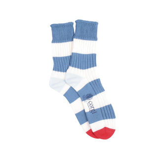 Pair of blue and white striped socks with red accents on a white background