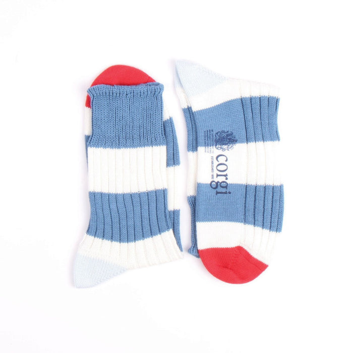 Pair of blue and white striped socks with red accents on a white background